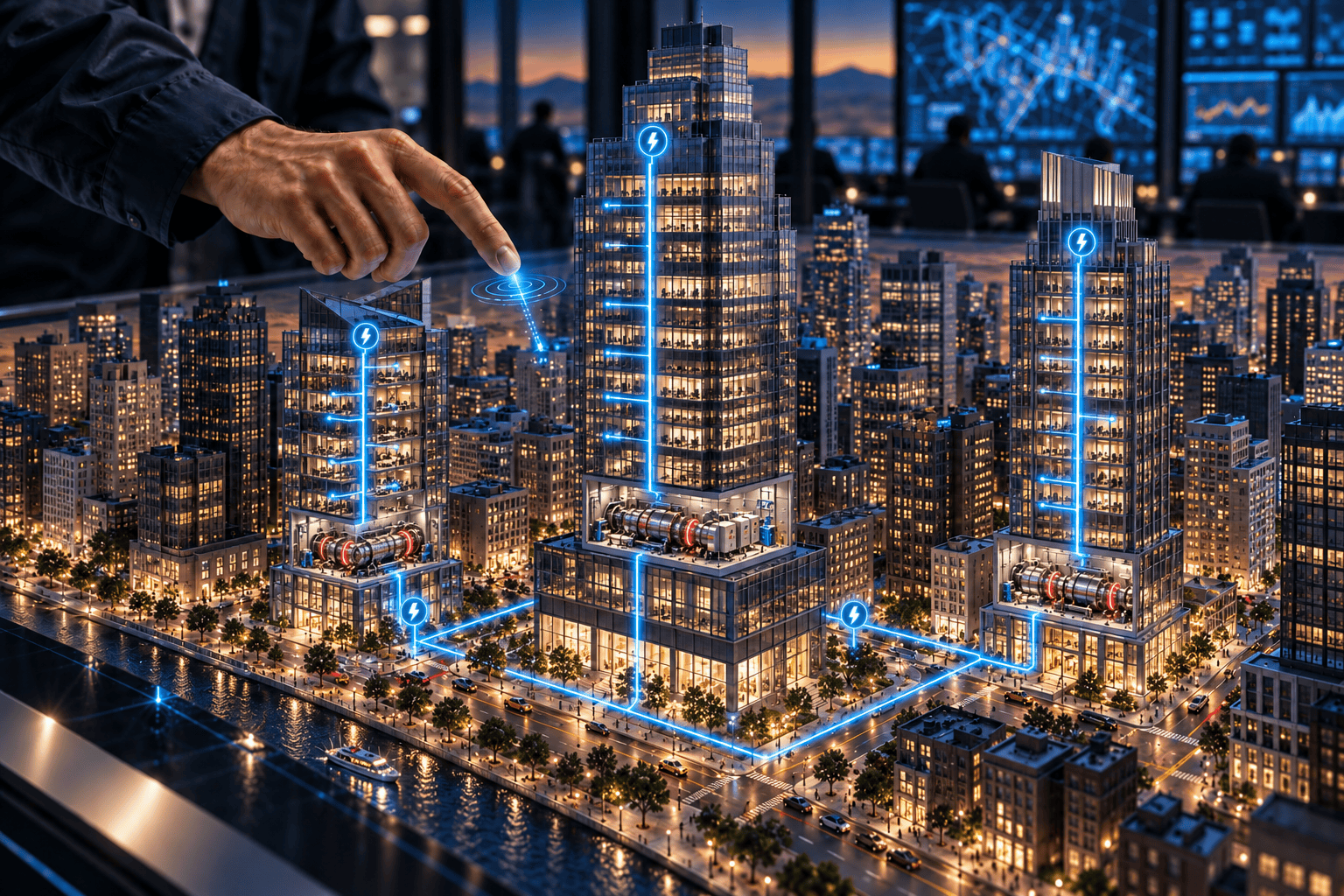 Model of a downtown city district where a hand points to a SpinG™ power plant supplying electricity to high-rise buildings through a local microgrid