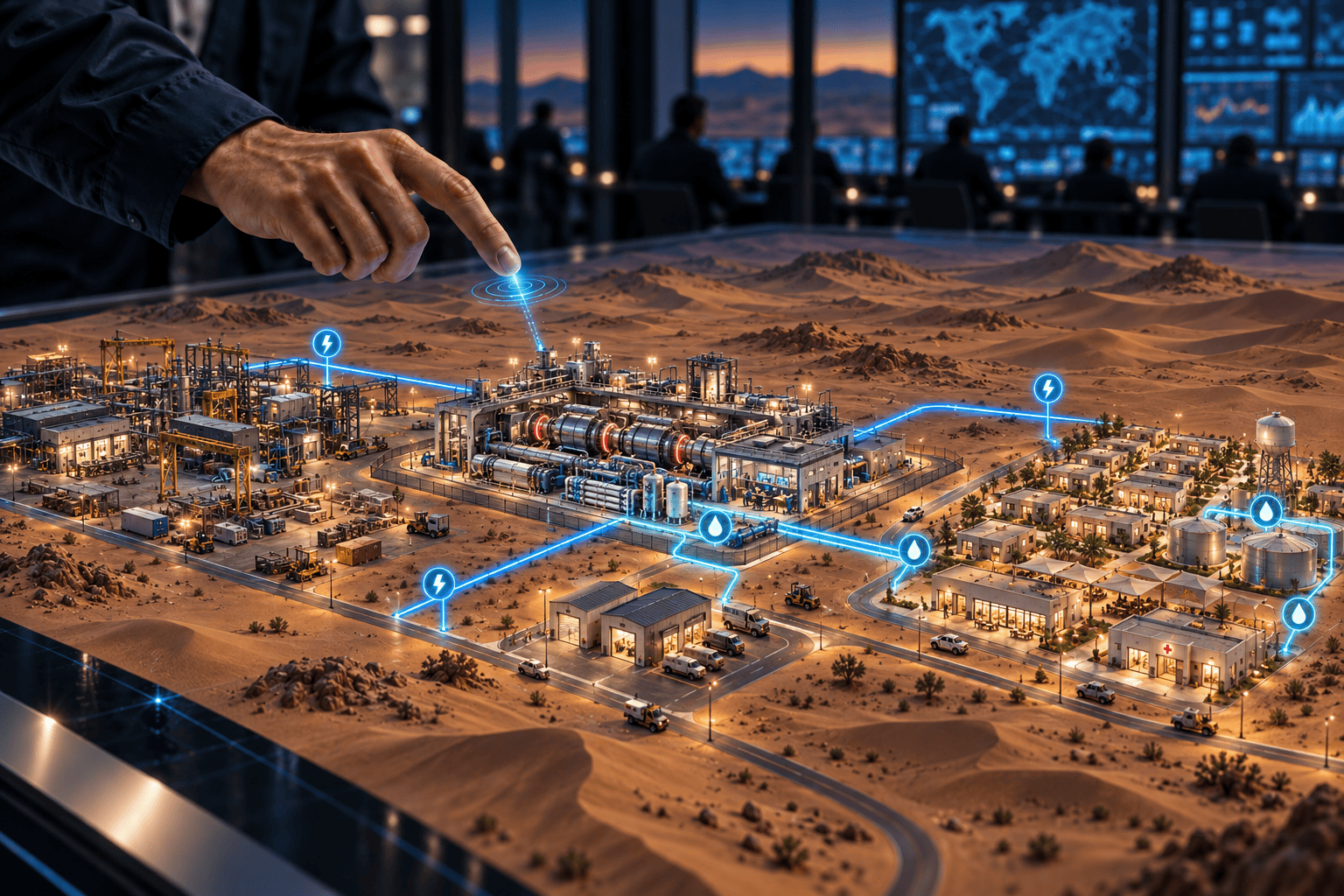 Model of a desert town where a hand points to a SpinG™ power plant distributing electricity to homes and facilities through a local microgrid
