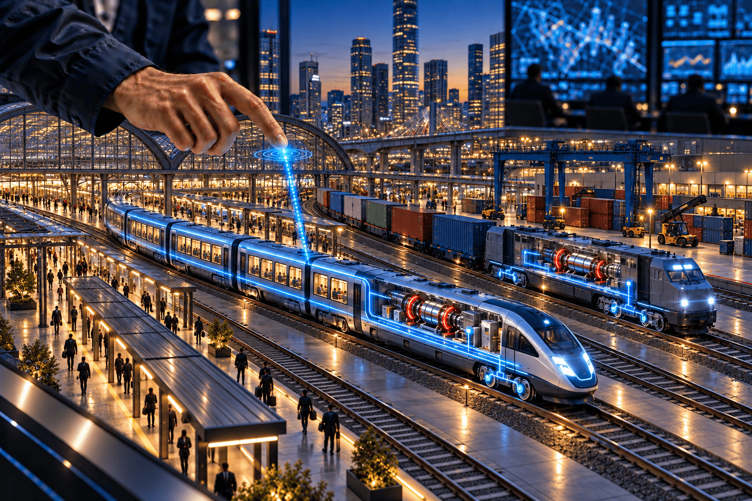 Model of a rail hub where a hand points to a SpinG™ power plant supplying electricity to passenger and freight trains