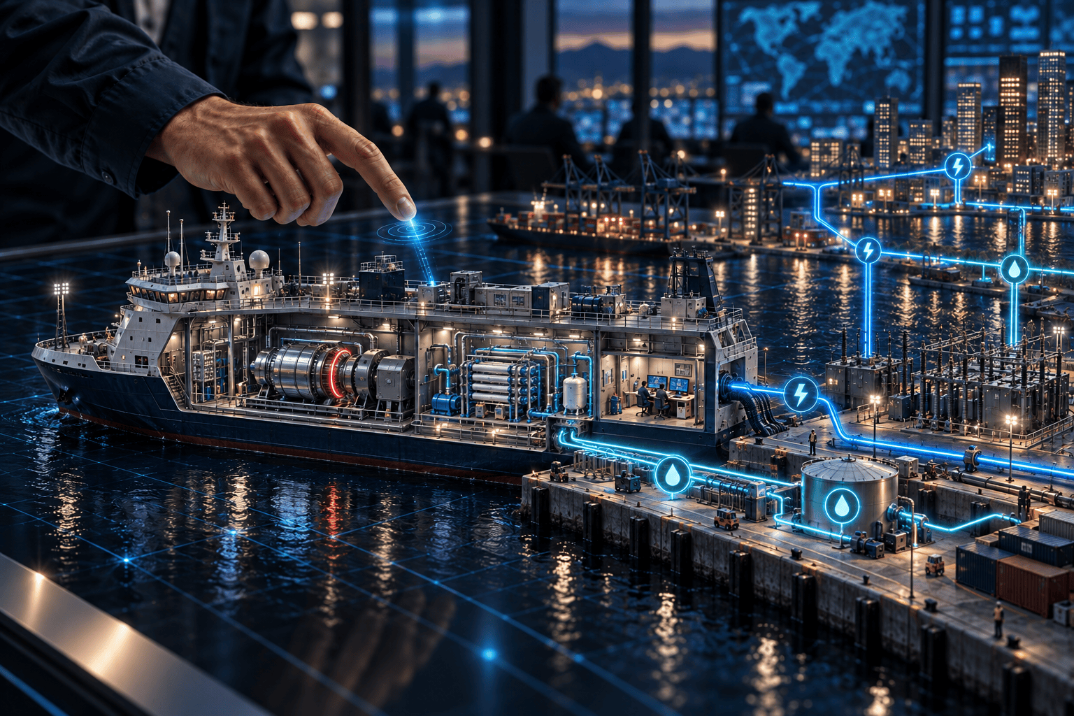 Model of an emergency relief ship carrying SpinG™ power units that supply electricity to a port and disaster-relief operations
