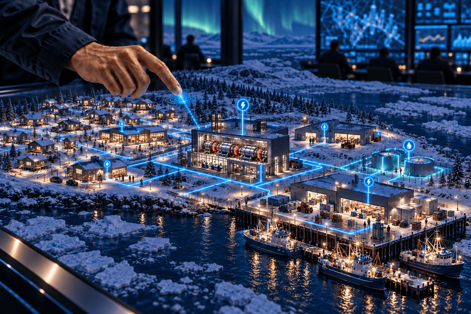 Model of a remote snow-covered fishing town where a hand points to a SpinG™ power plant supplying electricity to the harbor, homes and industry through a local microgrid, independent of the regional grid