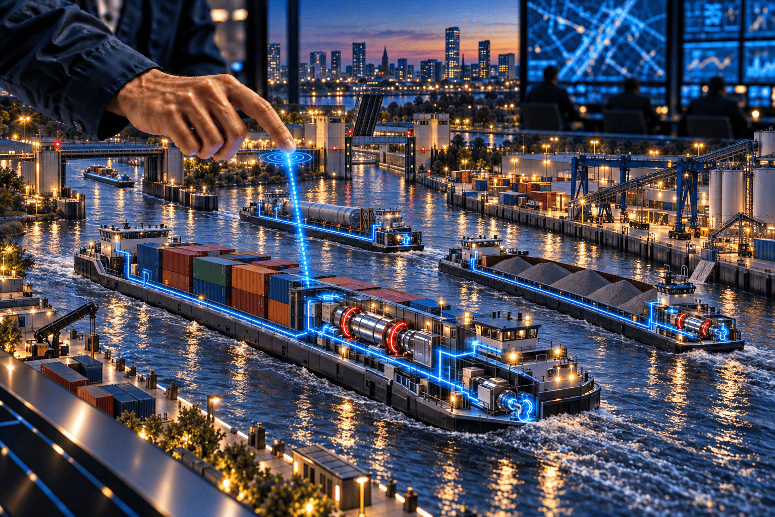 Model of an inland waterway where a hand points to a SpinG™-powered barge supplying electricity to river freight and port facilities