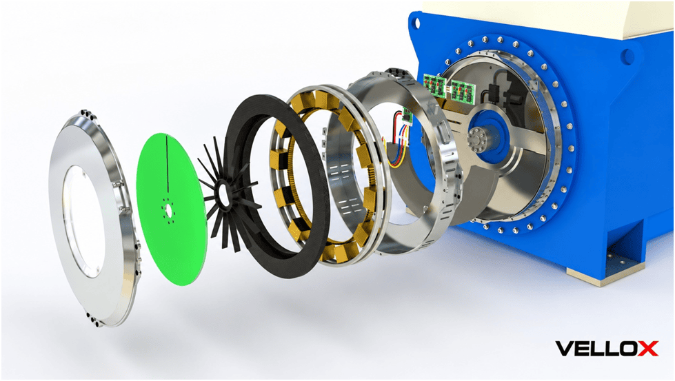 Exploded view of the Remora™ layers: the permanent-magnet flywheel rotor, the stator coil layer and the housing of the patented electromagnetic prime mover