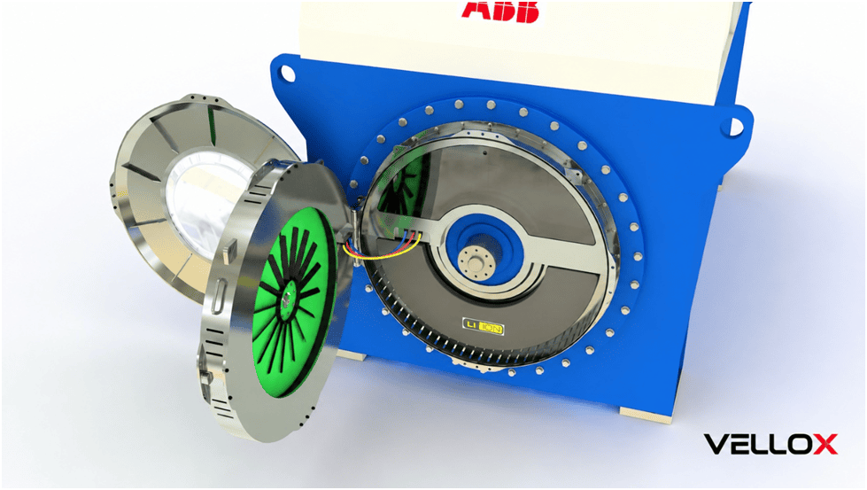 Exploded view of a SpinG™ unit showing the Remora™ prime mover separated from a 7 MW industrial electric generator, illustrating Remora™ + electric power generator = SpinG™