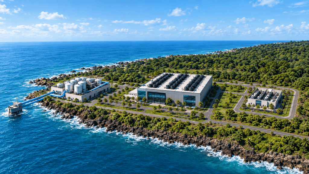 Aerial rendering of a VELLOX SpinG™ Nexus™ coastal campus with a SpinG™ power plant, seawater desalination facility and Data & AI data center