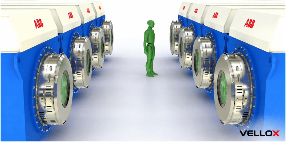 SpinG™ power plant with eight 7 MW generating units in two rows totaling 56 MW, with a human figure for scale, showing a footprint about the size of a basketball court