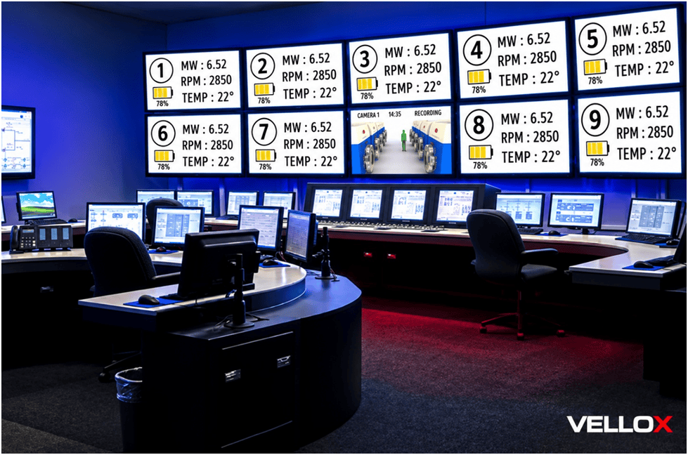 Rendering of a SpinG™ power plant control room where operators monitor nine SpinG™ generating units, with live output, RPM and temperature for each unit on a video wall