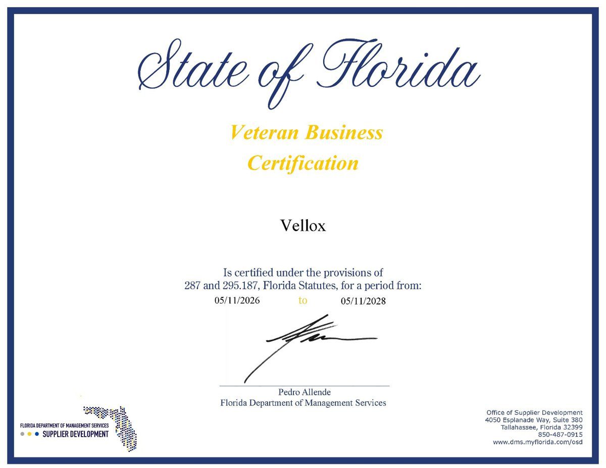 State of Florida Veteran Business Certification issued to Vellox by the Florida Department of Management Services, valid 05/11/2026 to 05/11/2028